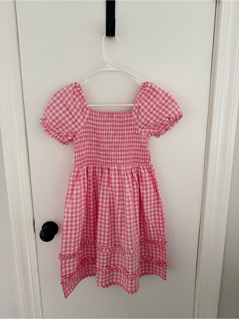 Girls Pink Gingham Smocked Puff-Sleeve Dress